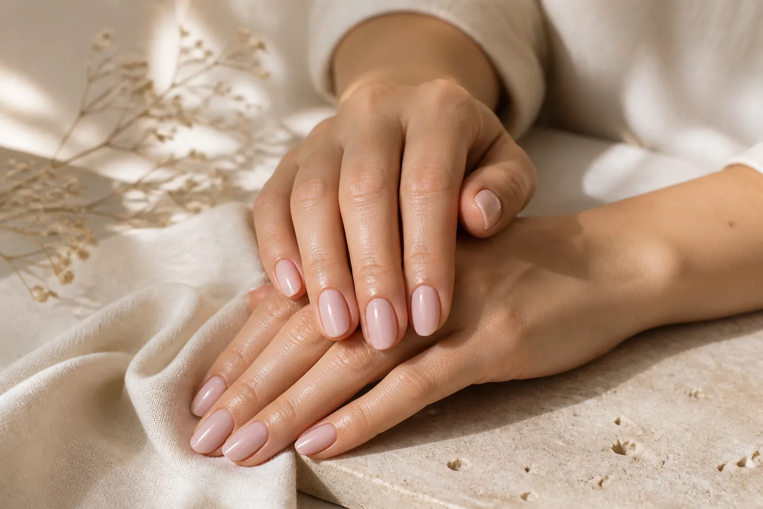 Finished sheer nude gel manicure on natural nails