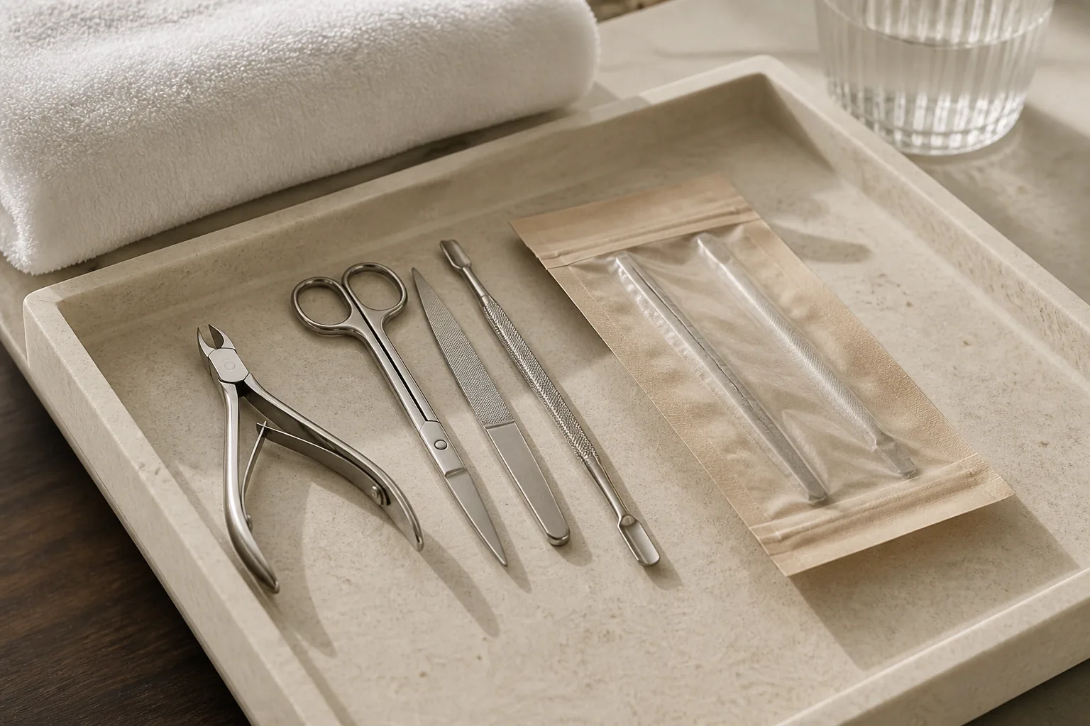 Sterilized manicure instruments in a kraft pouch