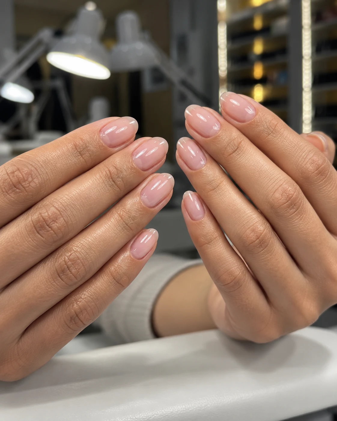 Illustrative image of short nails with a glossy pale pink finish