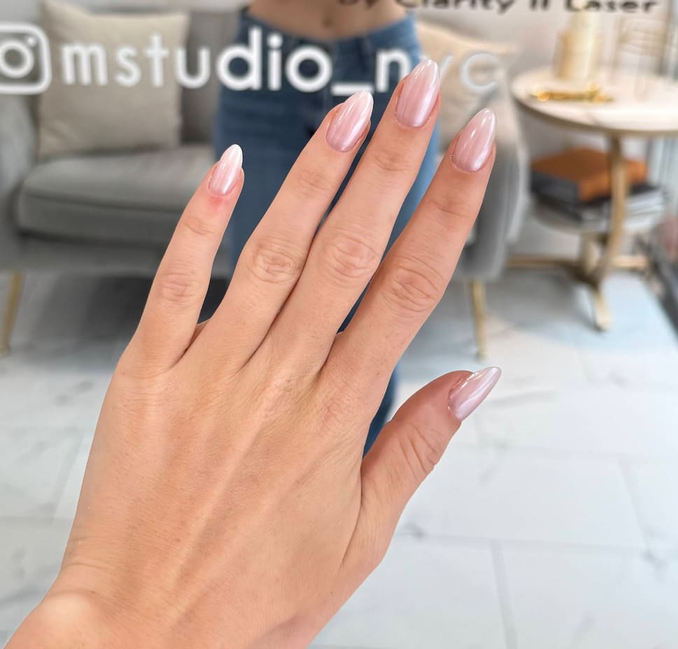 Pink chrome manicure by Elena at M. STUDIO NYC