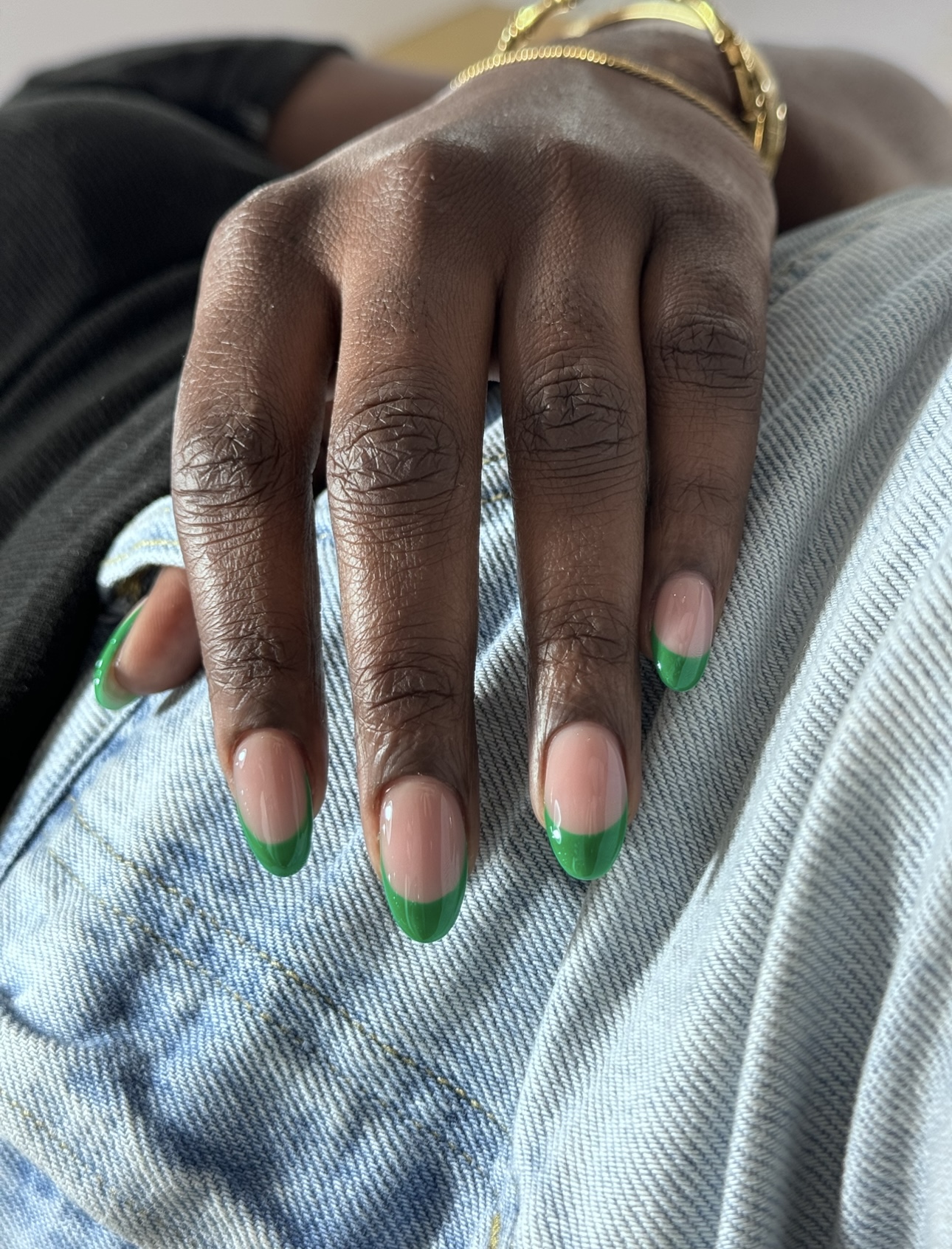 Green French manicure almond shape in NYC at M.STUDIO